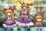  akihiyo bow brown_eyes brown_hair chain chibi dress full_moon gourd hair_bow hands_on_hips horns ibuki_suika long_hair moon multiple_girls multiple_persona on_head person_on_head saliva touhou 