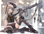  bell belt beret black_thighhighs blonde blue_eyes boots brown_hair eyepatch fn_fal gloves gun hat inumimi kemonomimi necklace nekomimi shirt shorts sitting tactical_clothing thighhighs twin_tails vest wolf_ears 