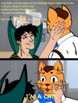  ambiguous_gender anthro bow_tie brown_hair colored comic dialogue domestic_cat drawfee_(copyright) drawtectives duo ear_piercing english_text eugene_finch felid feline felis felix_(drawtectives) fur hair hi_res human makeup mammal munohlow orange_body orange_fur piercing prick_ears smile text whiskers 