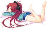  barefoot bow feet food hair_bow long_hair lying mahou_shoujo_madoka_magica mouth_hold on_stomach pocky ponytail red_eyes red_hair sakura_kyouko sazaki_ichiri shorts sketch solo 