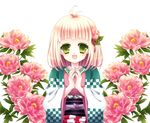  ahoge ao_no_exorcist blonde_hair blush flower green_eyes hair_flower hair_ornament hands_together japanese_clothes kimono momomiya_mion moriyama_shiemi open_mouth own_hands_together short_hair smile solo 