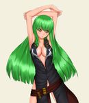  bangs breasts c.c. cleavage code_geass green_hair long_hair medium_breasts no_bra open_clothes rokuichi solo yellow_eyes 