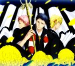  ao_no_exorcist black_hair blonde_hair flower male_focus multiple_boys pink_hair shakujou shima_juuzou shima_kinzou shima_renzou staff 