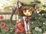  akihiyo all_fours animal_ears blush_stickers bow brown_eyes brown_hair cat cat_ears cat_tail chen earrings fang flower hat house jewelry multiple_tails open_mouth rooftop sitting solo tail touhou tree 