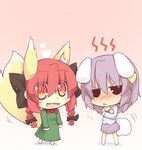  animal_ears barefoot blush bow bowtie braid bunny_ears bunny_tail chibi crossed_arms dress extra_ears fang fox_ears fox_tail hair_bow hazuki_ruu heart jitome kaenbyou_rin kemonomimi_mode komeiji_satori multiple_girls open_mouth purple_hair red_eyes red_hair skirt tail touhou 