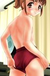  bloomers blush brown_eyes brown_hair buruma casual_romance_club dfc houkago_ren-ai_club looking_at_viewer looking_over_shoulder ponytail pulling_on_shorts topless 