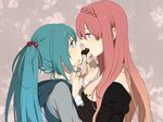  blue_eyes breasts chocolate covered_nipples green_hair hatsune_miku highres hood kurono_yuu long_hair medium_breasts megurine_luka multiple_girls nail_polish pink_hair shared_food vocaloid yuri 