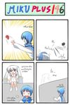  2girls 4koma androgynous animal_ears black_hair blue_hair cat_ears catstudioinc_(punepuni) comic dotted_line dress fading highres kaito kuro_(miku_plus) kyubey mahou_shoujo_madoka_magica multiple_girls original outstretched_hand personification puni_(miku_plus) red_eyes red_hair running scarf smile sweat thai translated twintails vocaloid wall white_dress white_hair 