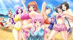  6+girls 9girls aqua_hair ass beach bikini black_hair blonde_hair blue_eyes blush breasts brown_hair cleavage dress erect_nipples game_cg green_eyes harem huge_breasts kyonyuu_torai_!_tankishuuchuu_chichi_momi_ressun long_hair midriff multiple_girls nude open_mouth pink_hair purple_eyes purple_hair pussy red_eyes short_hair skirt smile swimsuit 