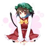  all_fours aya_mizu brown_hair cat_tail chen fish kemonomimi mouth_hold multiple_tails nekomimi red_eyes short_hair solo tail touhou 