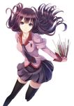  bakemonogatari banned_artist black_legwear blue_eyes collarbone long_hair looking_at_viewer monogatari_(series) necktie paseri pen pencil purple_hair razor ruler school_uniform senjougahara_hitagi simple_background skirt solo stationery thighhighs white_background zettai_ryouiki 