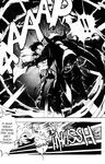  1boy 1girl battle cape cloak coat comic copyright_request greyscale long_sleeves maboroshi_chouji monochrome pants short_hair speed_lines spiked_hair 