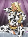  adjusting_hair animal_ears armpits arms_up beads belt blonde_hair breasts clit_piercing clitoris_piercing cow_ears cow_girl cow_print dark_skin enoshima_iki feet female highres horns large_breasts lipstick long_hair looking_at_viewer makeup nipples odor piercing purple_lips sitting smell solo source_request tissue tissues toes translated translation_request 