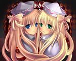  2girls blonde blue_eyes blush green_eyes hat hat_ribbon lily_black lily_white long_hair maryquant ribbon sisters touhou twins 