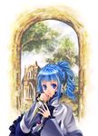  ange_serena blue_eyes blue_hair bow curly_hair dagger holding holding_dagger holding_weapon jewelry mytholo necklace ponytail ribbon shawl short_hair sidelocks solo tales_of_(series) tales_of_innocence tree weapon 