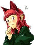  alternate_hairstyle animal_ears bad_id bad_pixiv_id bangs blunt_bangs blush cat_ears extra_ears face fingernails hair_down highres kaenbyou_rin long_hair looking_at_viewer pointy_ears red_eyes red_hair shiba_itsuki simple_background solo touhou upper_body white_background wide-eyed 