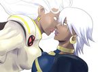  2girls breast_press breasts cape d_(atelierd) dark_skin dual_persona earrings elbow_gloves gloves impossible_clothes impossible_clothing impossible_shirt jewelry large_breasts marvel multiple_girls shirt short_hair storm_(x-men) symmetrical_docking white_hair x-men yuri 