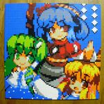  blonde_hair blue_hair eyebrows frog green_eyes green_hair highres kochiya_sanae lego moriya_suwako multiple_girls open_mouth photo pixel_art red_eyes rope shimenawa short_hair smile snake thick_eyebrows touhou yasaka_kanako yellow_eyes you_rei_(blowback) 