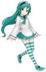  aqua_eyes blush green_hair ha-ru hairband long_hair original school_uniform serafuku short_eyebrows simple_background skirt smile solo striped striped_legwear thighhighs zettai_ryouiki 