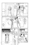  artist_request blush breasts comic embarrassed greyscale hard_translated highres hiiragi_kagami hiiragi_tsukasa lucky_star monochrome multiple_girls small_breasts surprised sweater topless translated twintails 