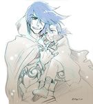  \n/ bracelet cape carrying child cloak father_and_son grin happy jewelry joe_(ttgl) kamina male_focus multiple_boys older ring sketch smile tattoo tengen_toppa_gurren_lagann tigrato 