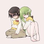  1boy 1girl barefoot black_hair c.c. cc cheese-kun code_geass couple eyes_closed feet female green_hair lelouch_lamperouge long_hair male pants purple_eyes shacttainw short_hair sitting sweater 