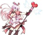  aisha_(elsword) alternate_hair_color back_bow bad_id bad_pixiv_id black_legwear bow breasts dress elsword gloves hair_ribbon happy heart holding holding_wand large_breasts limble long_hair pink_bow pink_hair purple_eyes ribbon solo staff thighhighs wand white_background wings zettai_ryouiki 