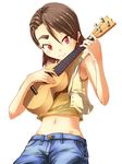  brown_hair guitar instrument jeans navel red_eyes short_hair tank_top thick_eyebrows vest 
