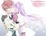  1girl :o asbel_lhant bad_id bad_pixiv_id blue_eyes blush character_name closed_eyes coat copyright_name couple fuyou/rate hetero kiss long_hair open_mouth purple_hair red_hair skirt smile sophie_(tales) surprised tales_of_(series) tales_of_graces twintails 