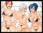  angel_(kof) bikini blue_eyes blue_hair body_writing breasts king_of_fighters large_breasts leona_heidern mizugi oppai red_hair snk thong vanessa white_hair 