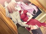  2girls fue game_cg long_hair nopan open_mouth pink_hair rococoworks skirt_lift tagme thighhighs vanitas_no_hitsuji yuri 