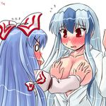  blush breast_grab breasts cleavage fujiwara_no_mokou grabbing kamishirasawa_keine large_breasts lowres multiple_girls no_bra open_clothes open_shirt sasuke_(sasuke_no_sato) shirt touhou 