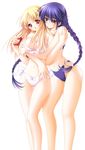  :d azuma_hatsumi azuma_hazuki bikini blonde_hair braid breasts carnelian cleavage duplicate eyebrows_visible_through_hair hair_between_eyes hair_tie hug hug_from_behind large_breasts long_hair multiple_girls navel open_mouth parted_lips pink_bikini purple_bikini purple_eyes purple_hair red_eyes simple_background smile standing stomach swimsuit tareme thigh_gap twin_braids twintails very_long_hair white_background yami_to_boushi_to_hon_no_tabibito yuri 