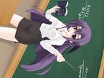  book breasts cleavage frapowa ginga_nakajima glasses green_eyes highres long_hair lyrical_nanoha mahou_shoujo_lyrical_nanoha_strikers medium_breasts pencil_skirt purple_hair skirt solo teacher 