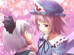  blue_eyes cherry_blossoms finger_to_mouth hairband hat konpaku_youmu multiple_girls murasaki_kajima pink_eyes pink_hair saigyouji_yuyuko short_hair shushing silver_hair touhou triangular_headpiece upper_body yuri 