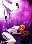  1boy 1girl arrancar black_legwear bleach dress footwear hair_ornament hairclip inoue_orihime long_hair lying orange_hair sandals socks ulquiorra_cifer umehara_b walking white_dress 