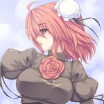  ahoge bad_anatomy blush breasts bun_cover chinese_clothes double_bun expressionless flower ibaraki_kasen large_breasts pink_flower pink_hair pink_rose profile red_eyes rose short_hair solo touhou tro 