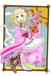  ao_no_exorcist bad_id bad_pixiv_id blonde_hair boots cross flower green_eyes hair_ornament hairband japanese_clothes jewelry kimono moriyama_shiemi necklace open_mouth ren_(suerer) short_hair smile solo 