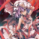  adapted_costume arm_up bad_id bad_pixiv_id bat_wings dain dress hat jewelry moon purple_hair red_eyes red_moon remilia_scarlet ribbon short_hair sleeveless solo touhou wings wrist_cuffs 