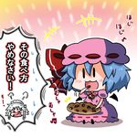  &gt;_&lt; 2girls bat_wings bow bread brooch chibi closed_eyes commentary detached_wings dress eating food gradient gradient_background hat hat_bow izayoi_sakuya jewelry mob_cap multiple_girls noai_nioshi raisin_bread remilia_scarlet sitting touhou translated wings 