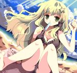  alternate_color alternate_hairstyle beach bikini black_bikini blonde_hair blue_sky cloud day food green_eyes hair_ornament hair_tubes hazakura_satsuki kochiya_sanae long_hair moriya_suwako ocean outdoors popsicle sitting sky solo star swimsuit touhou towel 