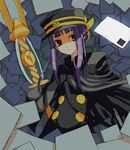  2sox[black] cape fumika gun hat kanaka letter long_hair postage_stamp postcard purple_hair shako_cap shigofumi solo staff weapon 