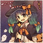  artist_request bow earrings fang ghost green_hair hair_bow hair_ribbon halloween jack-o&#039;-lantern open_mouth pointed_ears pumpkin ribbon tagme trick_or_treat twin_tails yellow_eyes 