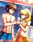  1boy 1girl :t abs absurdres adapted_costume alia_(rockman) alternate_costume android arm_at_side armlet bangs bare_shoulders bikini blonde_hair blue_eyes blush boxers bracelet breasts brown_hair capcom cleavage closed_mouth collarbone commentary couple crepe criss-cross_halter eating english_commentary eye_contact eyebrows_visible_through_hair eyes_visible_through_hair food green_eyes hair_between_eyes halterneck hand_holding headphones hetero highres holding holding_food jewelry long_hair looking_at_another medium_breasts mgx0 midriff neck orange_bikini orange_sarong orange_swimsuit outdoors patreon_username robot_ears rockman rockman_x sarong sharing_food shiny shiny_hair side-by-side smile standing swimsuit underwear x_(rockman) 