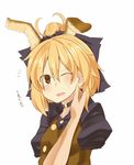  antennae bad_id bad_pixiv_id blonde_hair blush bow brown_eyes extra_ears flying_sweatdrops hair_bow hair_ribbon hand_on_another's_cheek hand_on_another's_face hati105 kurodani_yamame open_mouth ponytail pov ribbon short_hair solo_focus sweatdrop touhou translated yellow_eyes 