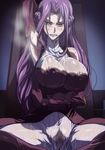  1girl arm_up armpits blush breasts bukkake censored code_geass cornelia_li_britannia cum elbow_gloves gloves hyottokoaki large_breasts long_hair looking_at_viewer milf open_mouth purple_eyes purple_hair pussy saliva see-through see_through smell solo spread_legs sweat 