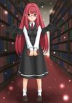 :3 bat_wings bespectacled blush book bookshelf buttons dress_shirt glasses head_wings highres koakuma library loafers long_hair mary_janes necktie red-framed_eyewear red_eyes red_hair shirt shoes skirt socks solo standing t2r touhou v_arms very_long_hair vest voile white_legwear wings 