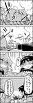  4koma braid comic cup fish food from_behind fruit greyscale hair_tubes hakurei_reimu highres hinanawi_tenshi horn_ribbon horns ibuki_suika kirisame_marisa long_hair meat monochrome multiple_girls mushroom no_hat no_headwear patchouli_knowledge ribbon rice tani_takeshi touhou translated yukkuri_shiteitte_ne 