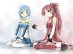  blue_eyes blue_hair cape hair_ornament hair_ribbon hairclip kneeling long_hair magical_girl mahou_shoujo_madoka_magica miki_sayaka multiple_girls musclecar ponytail red_eyes red_hair ribbon sakura_kyouko thighhighs 