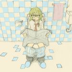  bespectacled checkered cigarette crossdressing glasses grin kirisame_marisa kuroda_(nanchara_flight) necktie newspaper reverse_trap sitting slippers smile solo toilet toilet_use touhou towel 